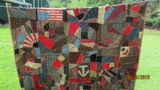 Vintage Hand Embroidered Crazy Quilt Flowers American Flag Anchor 68 X 80