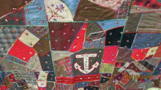 VINTAGE HAND EMBROIDERED CRAZY QUILT FLOWERS AMERICAN FLAG ANCHOR 68 X 80 2