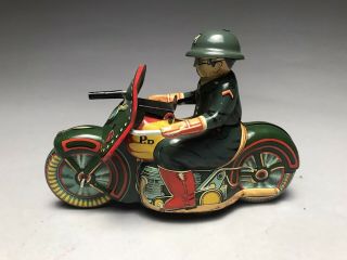 Vintage Pd Military Police Motorcycle With Gun Tin Friction Tin Litho Toy Japan