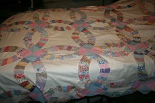 Vintage Feed Sack Double Wedding Ring Quilt Top,  Hand Sewn