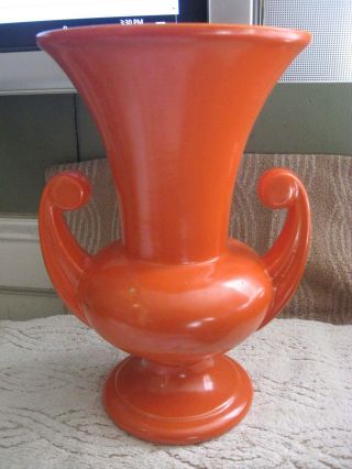 Large Orange 12 " Mid Century 2 Handled Pottery Vase Urn 1758 Green/brown Inside