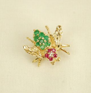 Vintage 14k Yellow Gold Emerald & Ruby Bee Brooch Pin Pendant