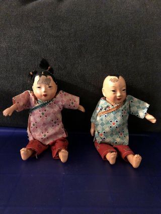 Antique Composition Chinese Boy And Girl Dolls In Embroidered Silk Clothes - 8 "
