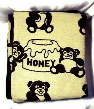 Vtg Biederlack Honey Teddy Bears Reversible Blanket Nursery Child 