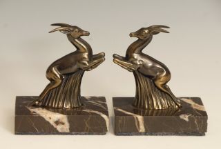 A French Art Deco Leaping Deer Bookends On Marble Bases