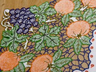Vintage Hand Embroidered Cut Work " Fruity " Natural Linen Tablecloth