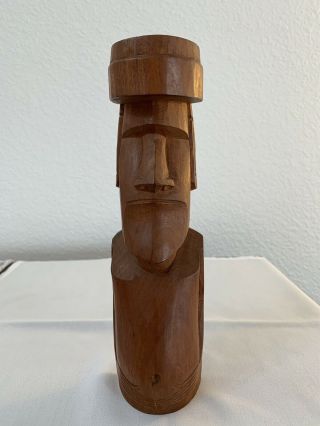 10” Vintage Carved Wood Easter Island Moai With Pukao - Topknot On His Head