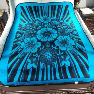Vintage San Marcos Blanket Reversible Blue/black Floral/flowers 63 " X 85 "