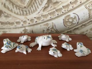 Ceramic Frog Tiny Figurines Set Of 8 Blue And White Mom And Babies