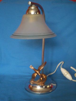 STUNNING ART DECO CHROME & BRONZED BIRD DESK LAMP,  WITH GLASS SHADE 2