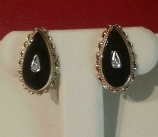 Rare Vintage 14k Solid Onyx / Diamond Screw Back Earrings For Non - Pierced Ears