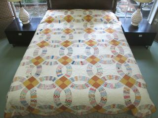 Needs Tlc: Vintage Feed Sack Hand Sewn Wedding Ring Thin Quilt,  Novelty Prints