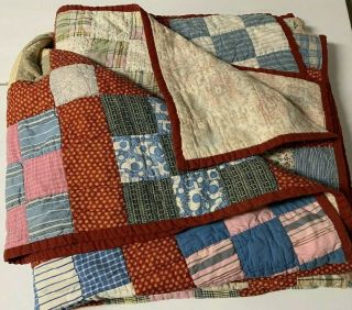 Vtg Hand Made Hand Stitched Nine Patch Quilt 75 " Square Rust Color Amish Pa