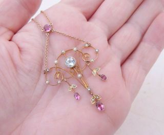 9ct Gold Aquamarine Pink Tourmaline Seed Pearl Pendant On Chain Victorian