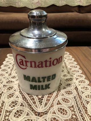 Antique Carnation Soda Fountain Malt Powder - Milk Glass Canister