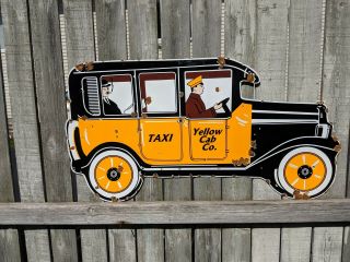 Yellow Cab Taxi Porcelain Sign Die Cut Car Auto Gas Oil Vintage