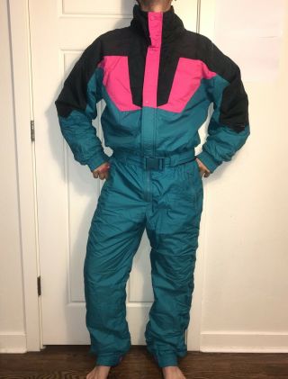 Vtg 80s 90s Mens Large Edelweiss One Piece Ski Suit Snow Bib Snowsuit Neon Gaper