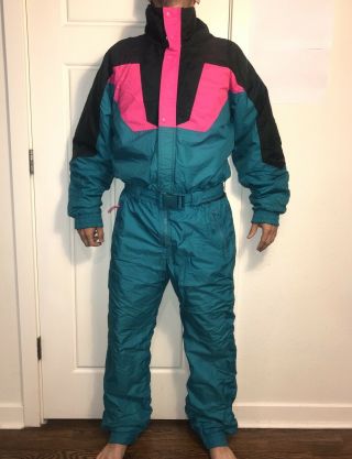 Vtg 80s 90s Mens Large EDELWEISS One piece SKI SUIT Snow Bib Snowsuit Neon GAPER 2
