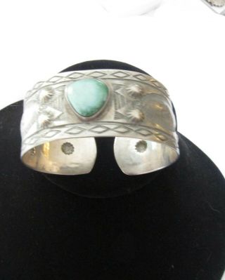 Vintage Navajo Coin Silver Turquoise Whirling Log Cuff.  C.  1930s