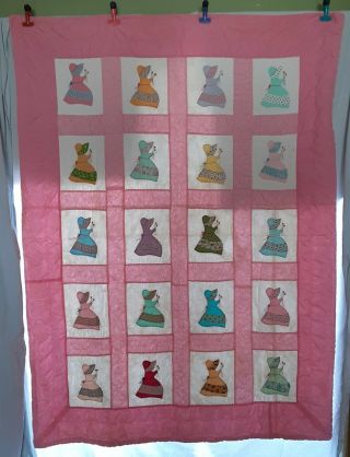 Vintage Pink Sunbonnet Sue Doll Handmade Homemade Quilt 72 " X 54 " 20 Squares