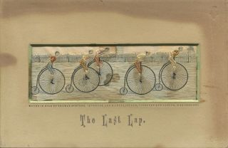 Stevengraph T.  Stevens Silk Woven Picture " The Last Lap " Penny - Farthing Cycles
