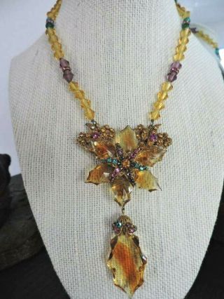 Vintage Mirium Haskell Ombre Art Glass Crystal Rhinestone Dangle Necklace