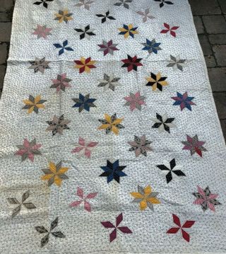 Antique Hand Pieced & Quilted Star Quilt Black White Early Calicos 56 By 81