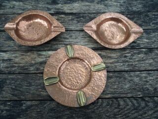 Three Early 20th C. ,  Arts & Crafts,  Copper Ashtrays.  Newlyn/keswick? One Signed.