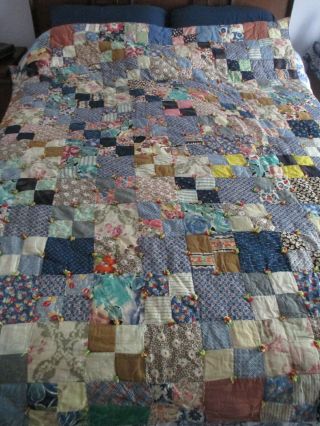 Vtg Hand Made Tied Quilt,  4 - Patch Block Pattern,  81 X 68