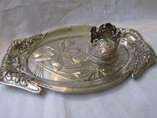 Antique Art Nouveau Silver Plated Vanity Tray & Perfume Bottle Holder Stand