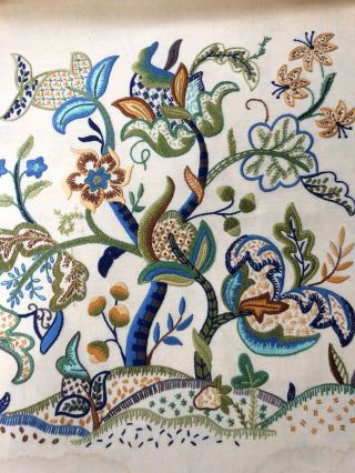 Vintage Hand Embroidered Picture Panel Raised Crewel Work Tree Of Life Flowers