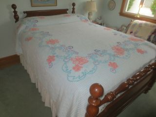 Vintage Aqua Blue & Peach Floral Cotton Chenille & Tufted Bedspread - 88 " X 100 "