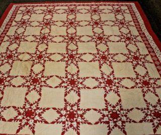 Vintage Hand Stitched Arch Red Star Pattern Quilt 84 X 100 Hawthorne Ny