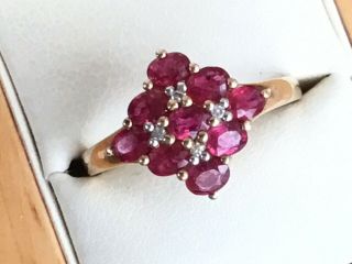 A Pretty Vintage 9ct Gold,  Ruby And Diamond Cluster Ring