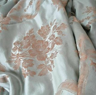 Antique C1900 Sky Blue French Jacquard Satin Coverlet Golden Bows Flowers Swags