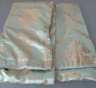 Antique c1900 Sky Blue FRENCH Jacquard Satin COVERLET Golden BOWS Flowers SWAGS 2