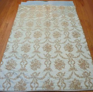Antique c1900 Sky Blue FRENCH Jacquard Satin COVERLET Golden BOWS Flowers SWAGS 3