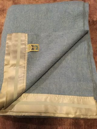 Vintage Blue Kenwood Wool Blanket Satin Trim Mid Century 72 X 92