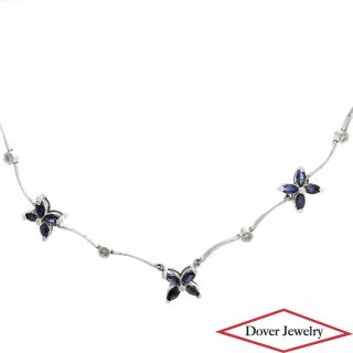Estate Diamond Sapphire 14k White Gold Flower Link Chain Necklace 9.  0 Grams Nr