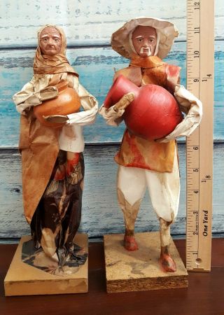 Vtg Mexican Folk Art Paper Mache Man & Woman Peasant Figurines Carrying Pots