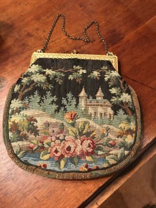 Antique Petit Point Tapestry Purse Bag - European Courting/castle Scene