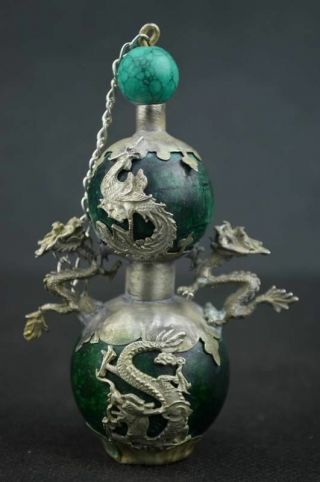 Chinese Tibetan Silver Dragon And Phoenix Green Jade Snuff Bottle