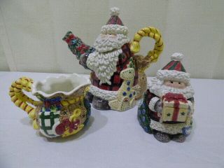 Fitz And Floyd Essentials Christmas Santa Tea Pot Sugar And Creamer Set