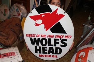 Large Vintage Wolf ' s Head Motor Oil Gas Station 2 Sided 30 