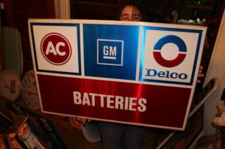 Large Vintage Ac Delco Gm Chevrolet Batteries Gas Oil 36 " Embossed Metal Sign