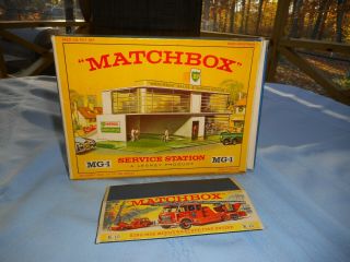 Two Old Matchbox Toy Boxes Only Service Station Mg - 1 Merryweather Fire Engine K -
