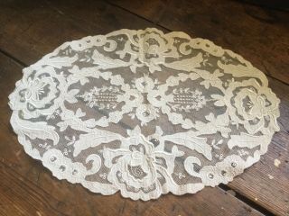 Antique Vintage Oval Floral Cotton & Lace Doily Table Runner Beige Color