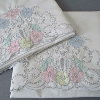 Pr Vintage Madeira Linen Pillow Cases Hand Embroidered Appliqued Pastel Flowers