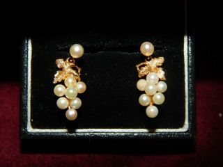 Vintage Hm 9 Ct Gold & Pearl Drop Earrings In Form Of Bunches Of Grapes