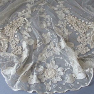 Antique Creamy French Tambour Lace 74 " Flounce Wedding Dress Front Bells Flowers